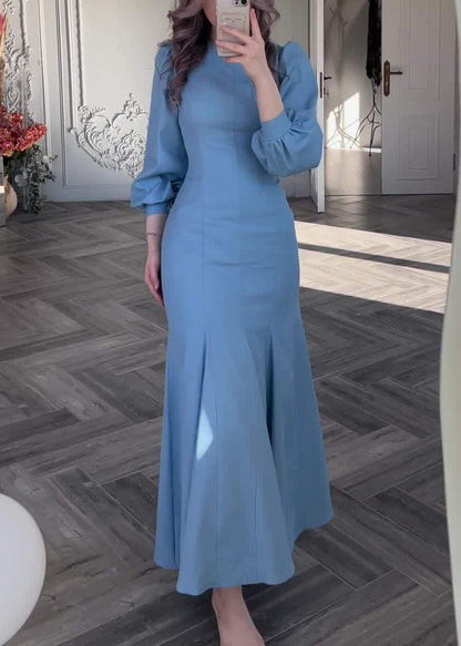 Slim Fit Blue Original Design Solid Cotton Dress Fall QL009