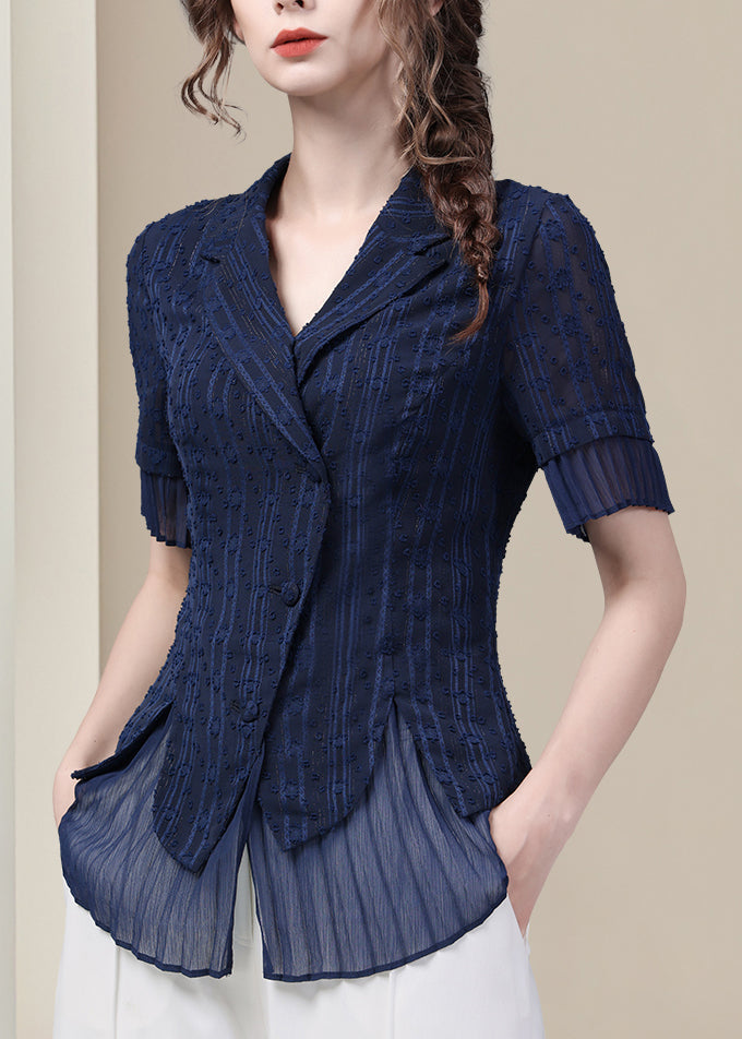 Blue Shirt Peter Fit Pan Summer Button Chiffon Slim Collar
