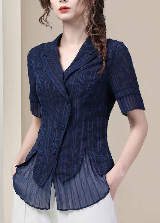 Blue Shirt Peter Fit Pan Summer Button Chiffon Slim Collar