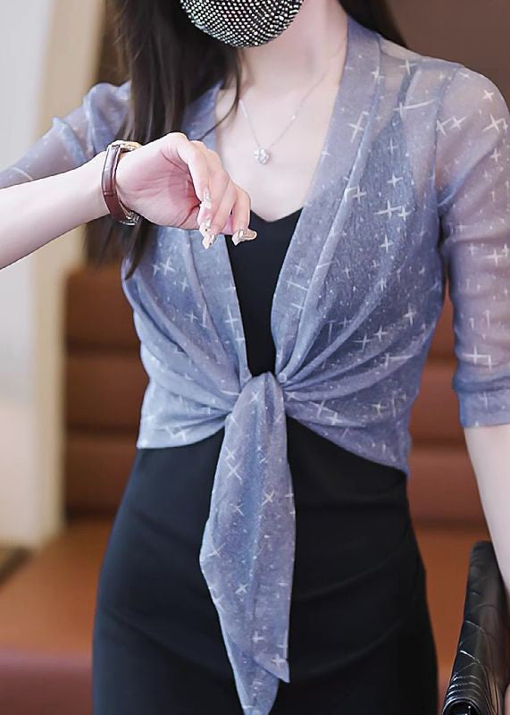 Slim Fit Blue V Neck Lace Up Tulle Cardigan Summer Ada Fashion