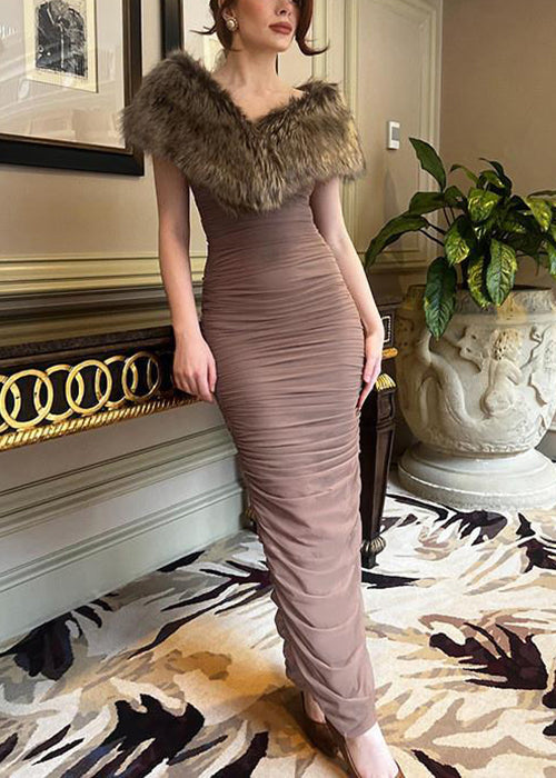 Robe longue en coton patchwork froissé, coupe ajustée, col en fourrure marron, sans manches, YT019