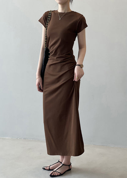 Slim Fit Coffee Solid Cotton Long Dresses Summer QE006