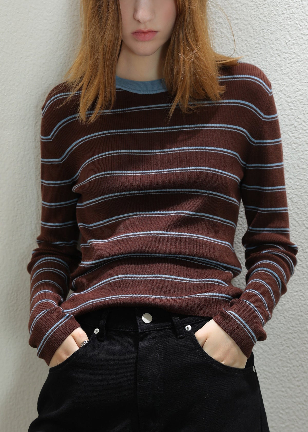 Hauts en tricot confortable à rayures café coupe slim, patchwork, automne TU059