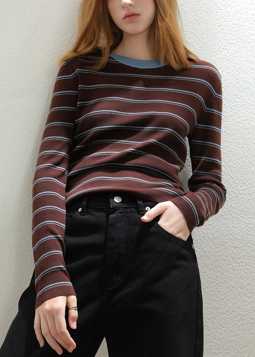 Hauts en tricot confortable à rayures café coupe slim, patchwork, automne TU059