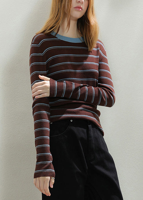 Hauts en tricot confortable à rayures café coupe slim, patchwork, automne TU059