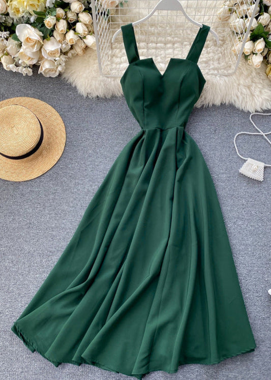 Robe slim verte à épaules dénudées et bretelles spaghetti en coton uni sans manches TR039