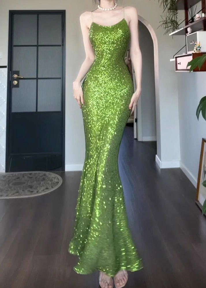 Spaghetti Sleeveless Green Fit Slim Solid Dress Strap Sequins