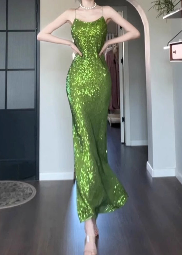 Spaghetti Sleeveless Green Fit Slim Solid Dress Strap Sequins
