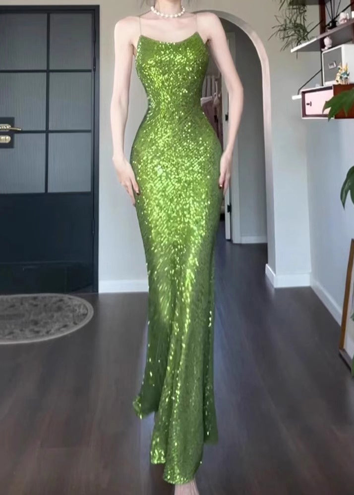 Spaghetti Sleeveless Green Fit Slim Solid Dress Strap Sequins