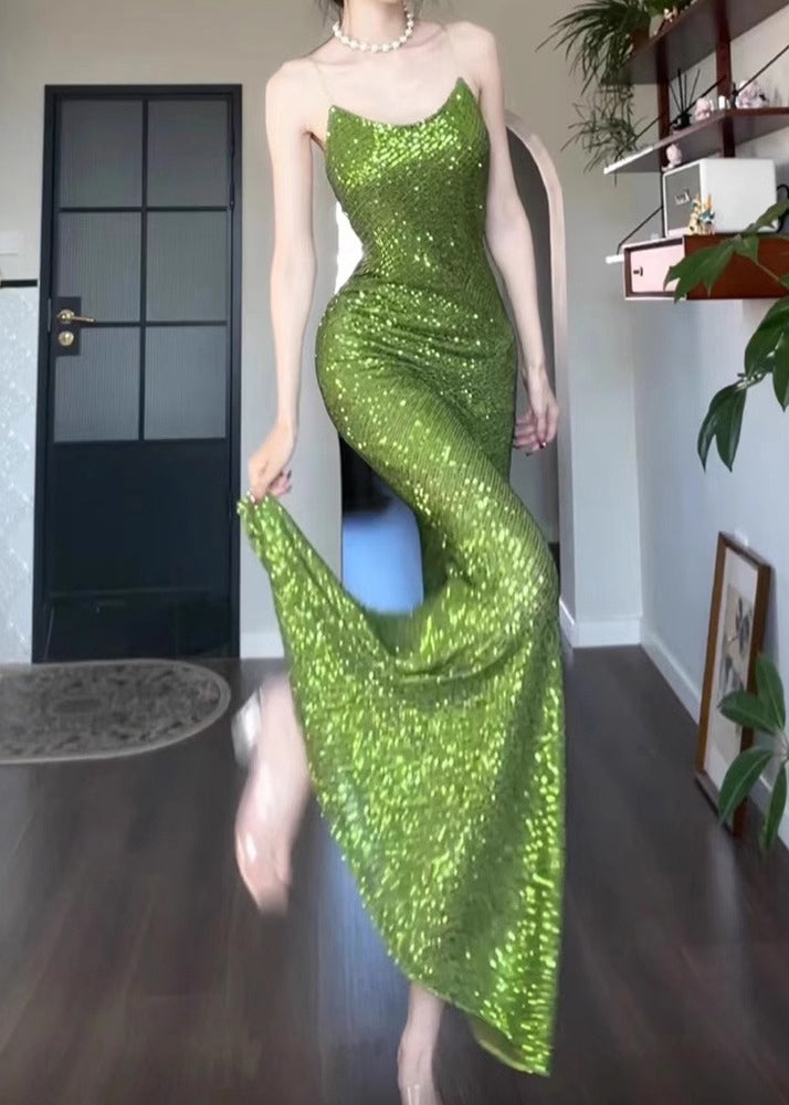 Spaghetti Sleeveless Green Fit Slim Solid Dress Strap Sequins