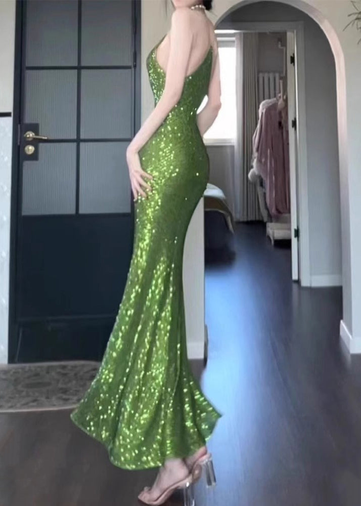 Spaghetti Sleeveless Green Fit Slim Solid Dress Strap Sequins