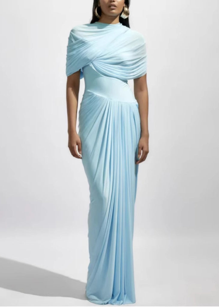 Falten Leichte Baumwolle Fit Solide Schlanke Taille Blau Hohe Kleider Maxi
