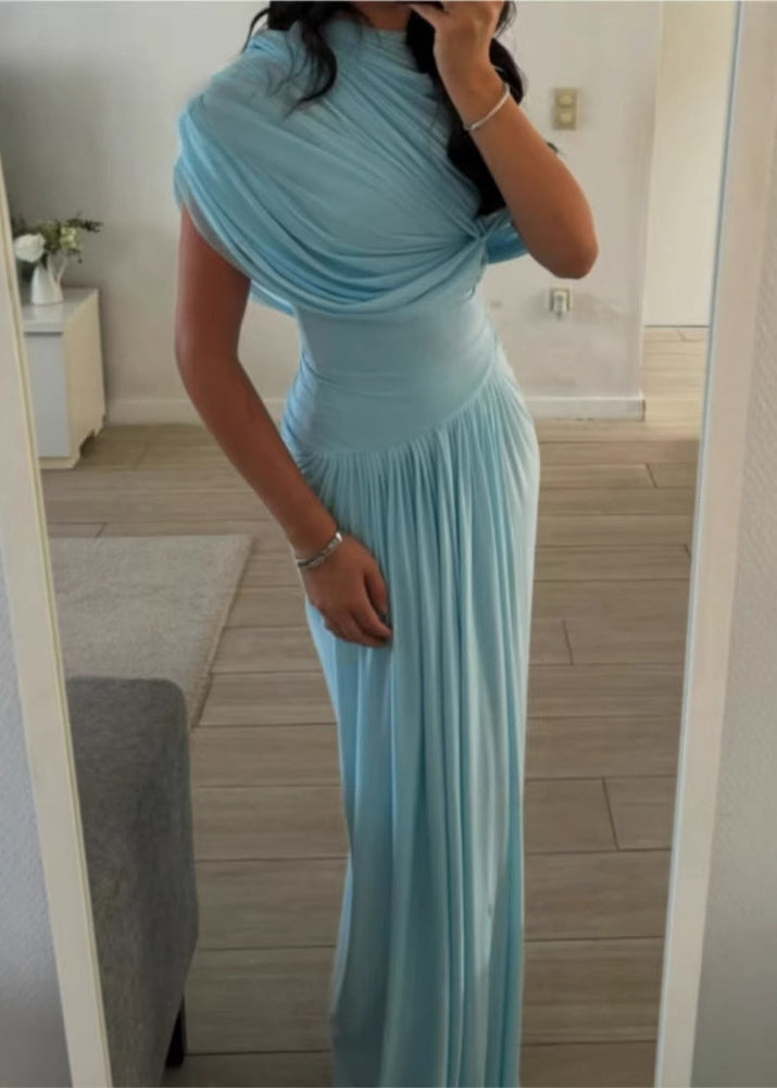 Falten Leichte Baumwolle Fit Solide Schlanke Taille Blau Hohe Kleider Maxi