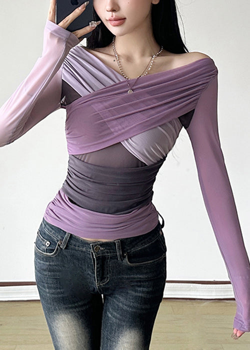 Chemises asymétriques en tulle T Patchwork Fit Slim Violet Printemps