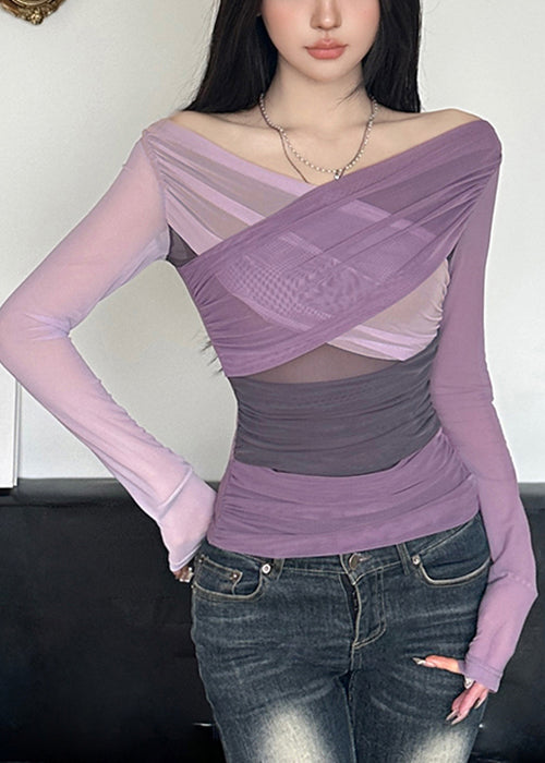 Chemises asymétriques en tulle T Patchwork Fit Slim Violet Printemps