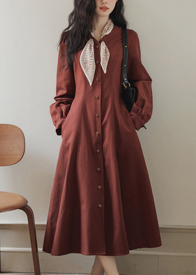 Robe longue rouge slim à boutons et poches, coupe printemps, nœud