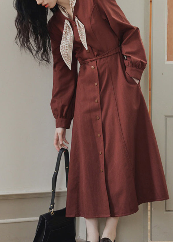 Robe longue rouge slim à boutons et poches, coupe printemps, nœud