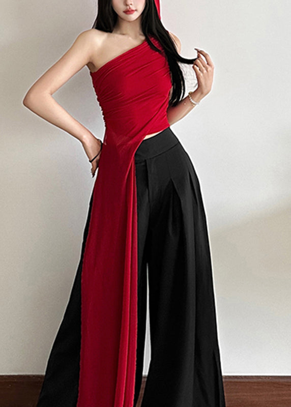 Fit Slim Asymmetrical Shoulder One Shirt Red Sleeveless Tulle