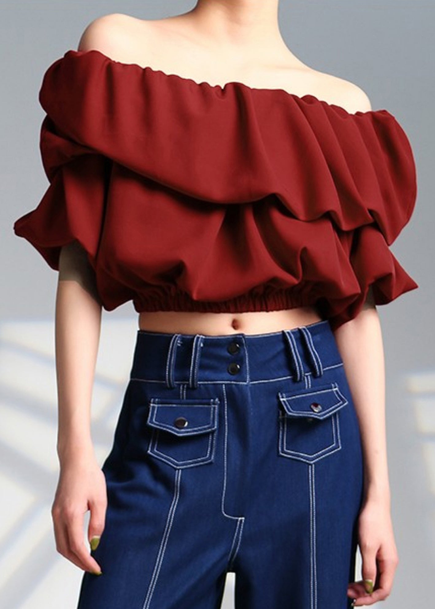Slim Fit Red Slash Neck Solid Cotton Top Summer Ada Fashion