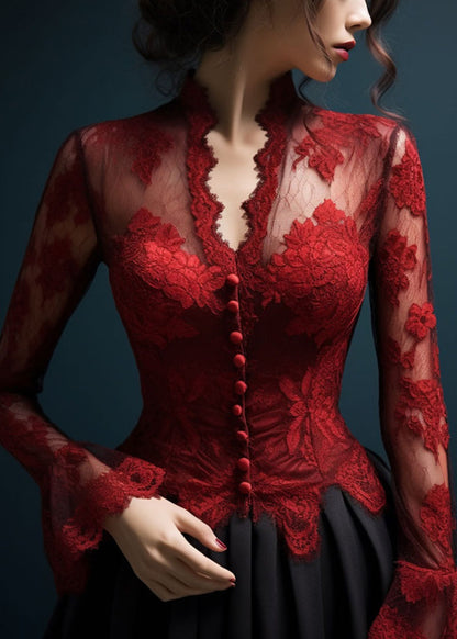 Slim Fit Red V Neck Hollow Out Lace Top Flare Sleeve AL1041