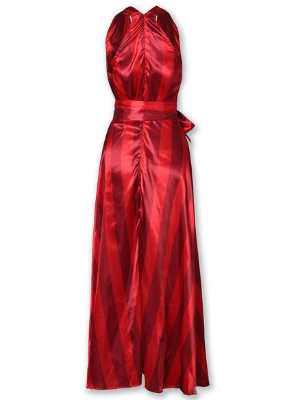 Robe en coton rouge coupe slim à col en V et ceinture nouée sans manches AA1058