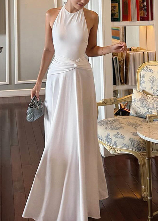 White Sleeveless Backless Ankle Slim Fit Cotton Dress