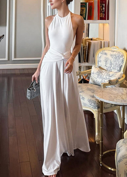 White Sleeveless Backless Ankle Slim Fit Cotton Dress