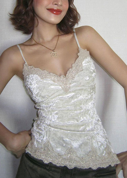 Spaghetti Silk Slim Neck Strap Fit Patchwork Velour Lace White V