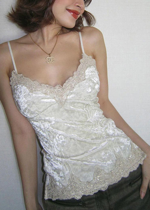 Spaghetti Silk Slim Neck Strap Fit Patchwork Velour Lace White V