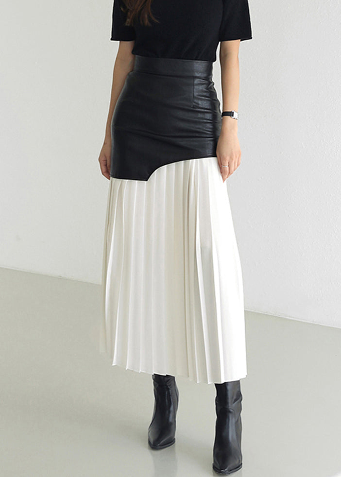 Faltenrock aus Kunstleder mit hoher Patchwork-Taille in Weiß und Slim