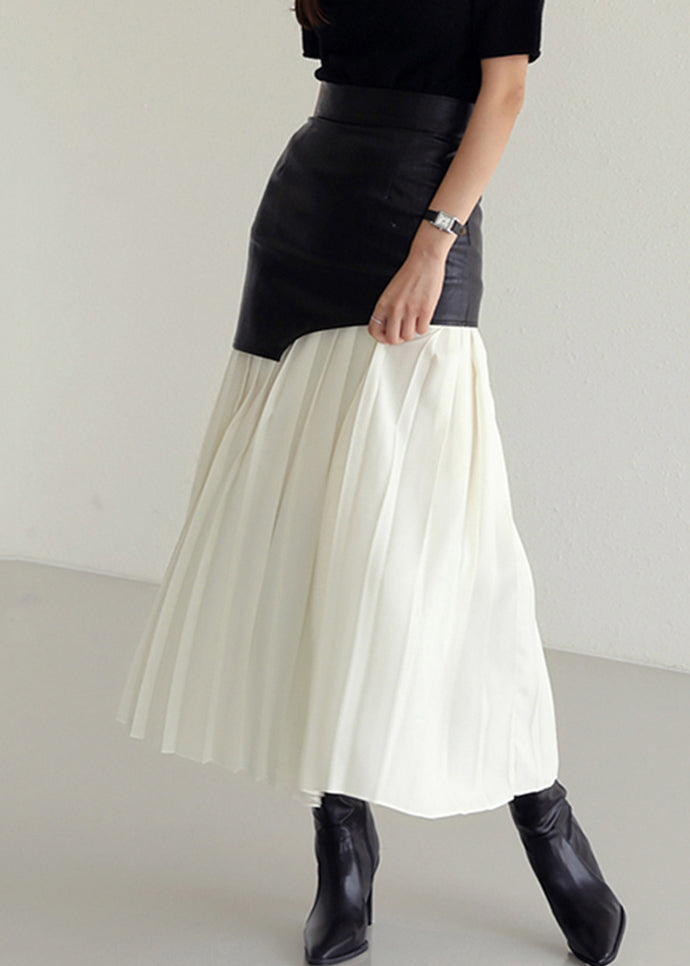 Faltenrock aus Kunstleder mit hoher Patchwork-Taille in Weiß und Slim