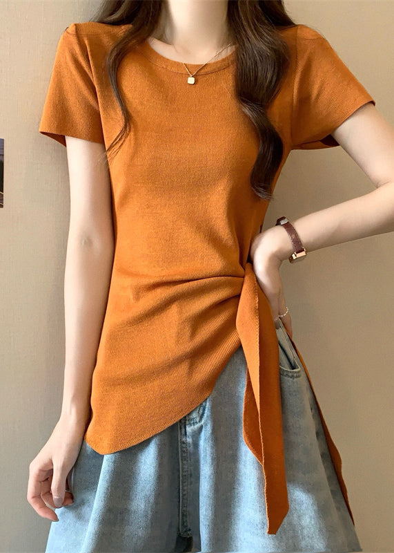 Slim Fit Summer Hollow Bow Asymmetrical Top O-Neck Out Yellow