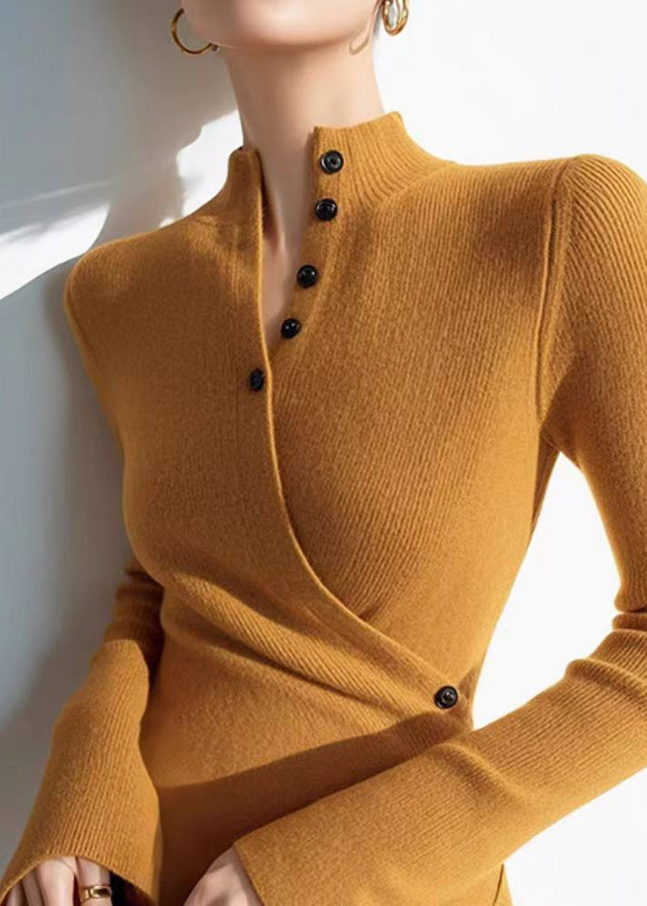 Slim Fit Yellow V Neck Wrinkled Cotton Knit Sweaters Winter WN004