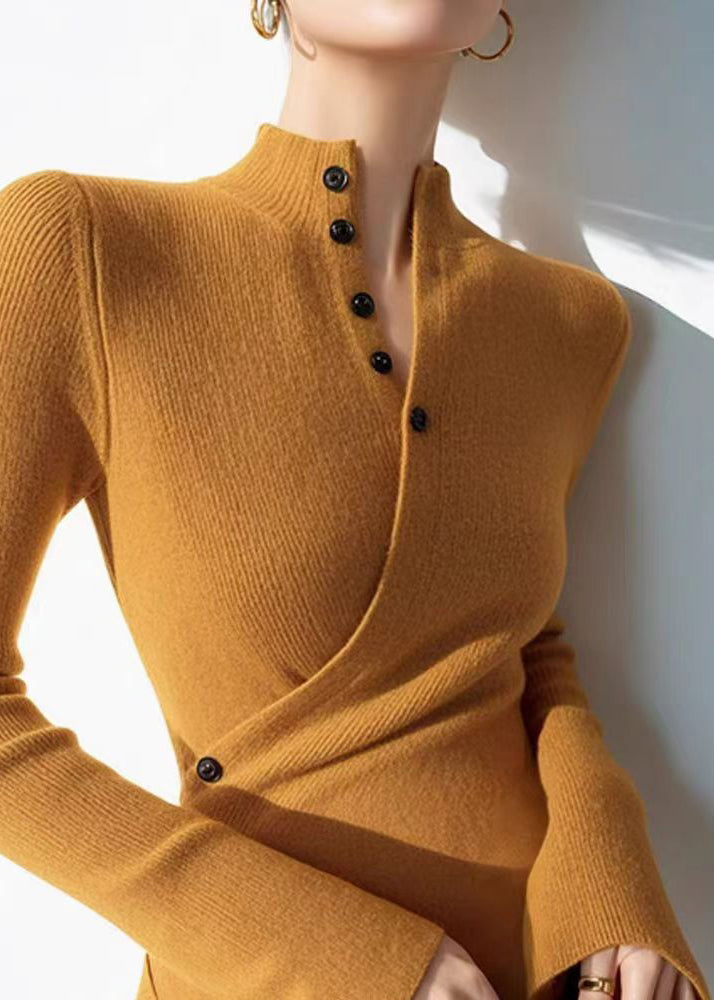 Slim Fit Yellow V Neck Wrinkled Cotton Knit Sweaters Winter WN004