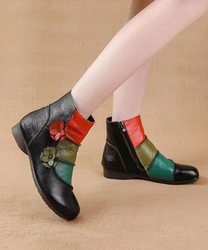 Soft Cowhide Leather Boots Boho Black Splicing Floral RD008