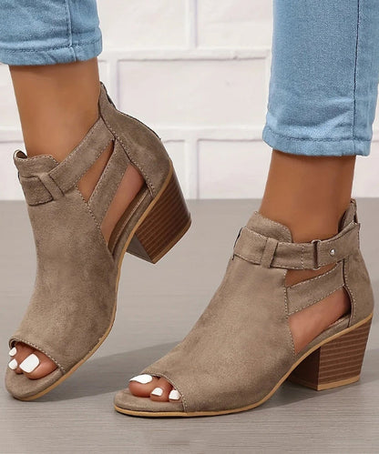 Soft Splicing Chunky Sandals Peep Toe Grey Suede AP1032