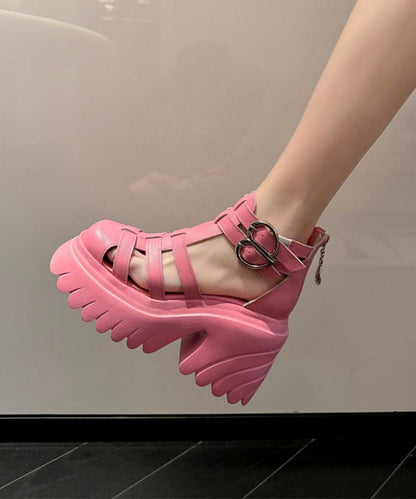 Soft Splicing Hollow Out Chunky Sandals Pink Cowhide Leather JJ071