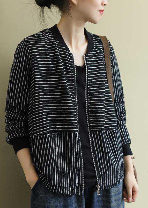 Street Black Striped zippered Pockets Fall Jacket Long sleeve QS060