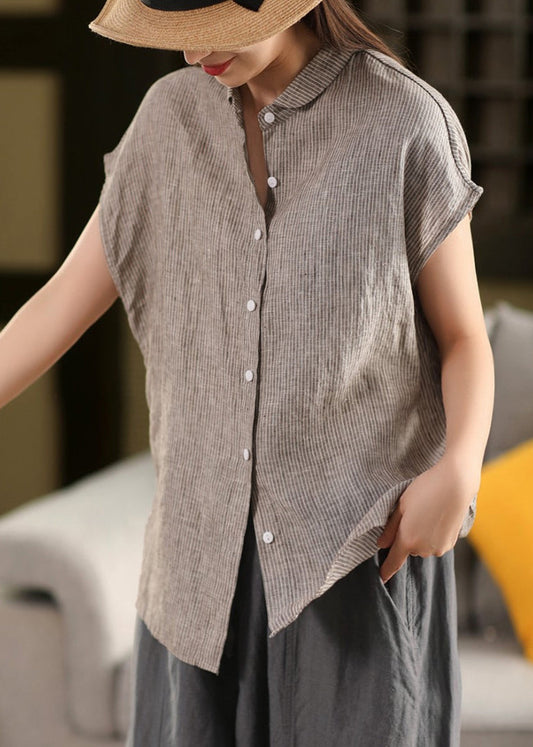 Gestreifte Knopfbluse Sommerleinen Pan Collar Peter Coffee