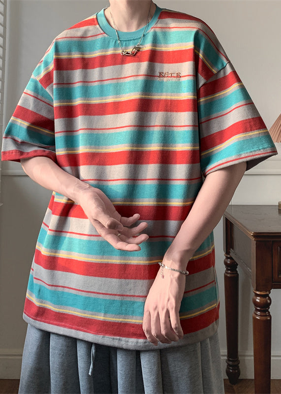 Half Sleeve Patchwork Shirts Cotton T Men O Red Striped Neck