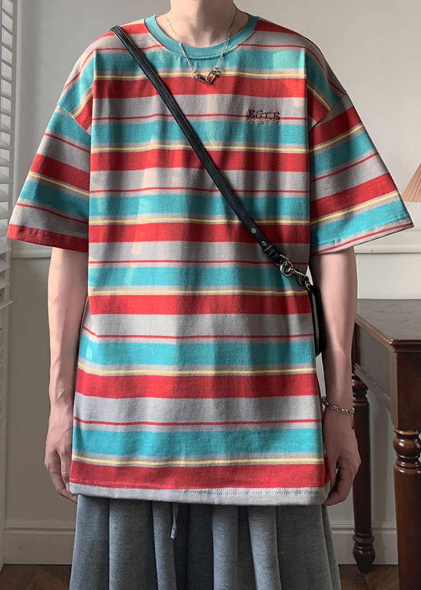 Half Sleeve Patchwork Shirts Cotton T Men O Red Striped Neck