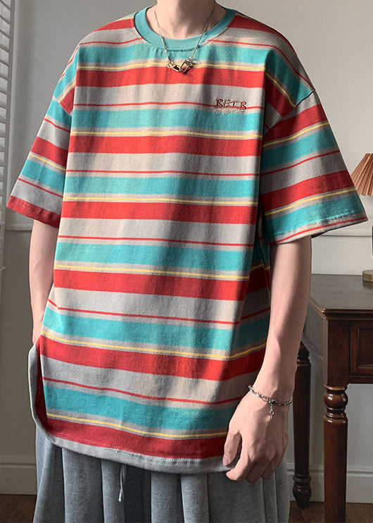 Half Sleeve Patchwork Shirts Cotton T Men O Red Striped Neck