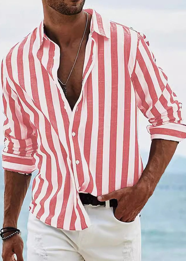 Fall Peter Striped Collar Cotton Shirts Button Red Men Pan