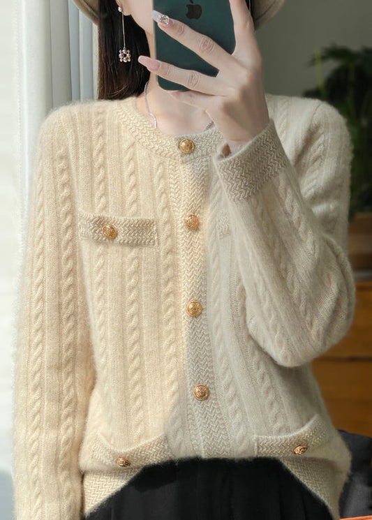 Style Beige O Neck Pockets Button Woolen Cardigans Winter WN026