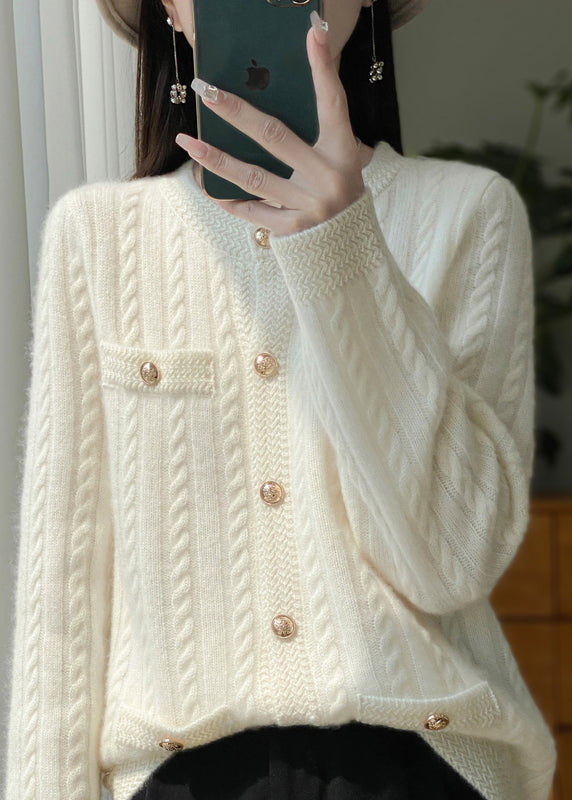 Style Beige O Neck Pockets Button Woolen Cardigans Winter WN026