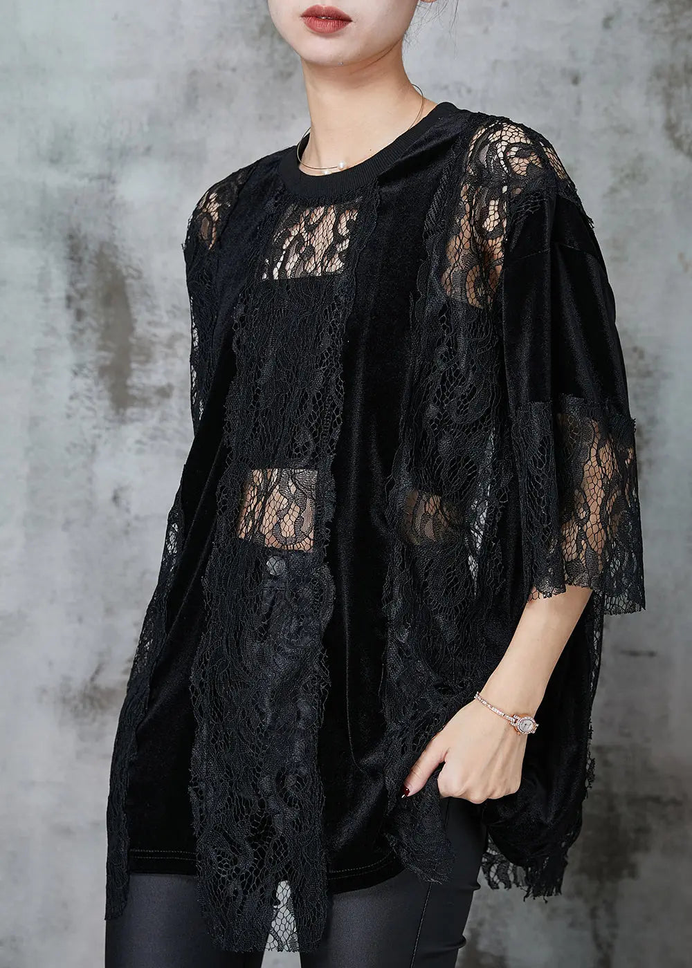 Style Black Hollow Out Patchwork Lace Shirts Summer Ada Fashion