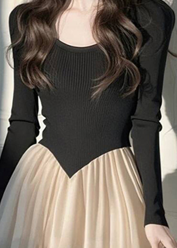 Robe longue froissée style patchwork en maille noire