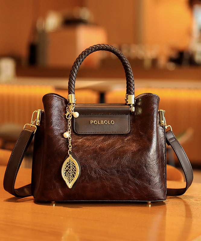 Durable Solid Black Leather Calf Handbag Style Tote