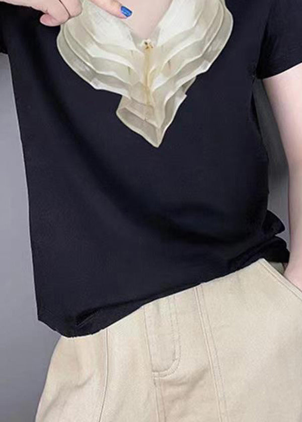 Style Black V Neck Ruffled Patchwork Silk Blouse Tops Summer BV012