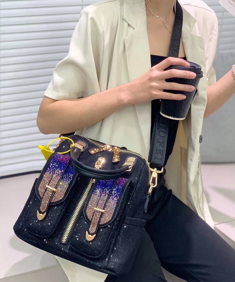 Style Black Zircon Patchwork Sequin Leather Backpack Bag MM038